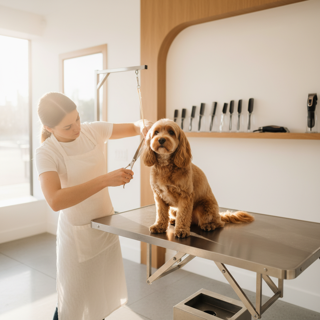 Professional groomer caring for a dog at BoneJour Pet Grooming Salon